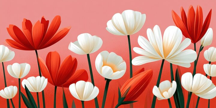 Red and white illustrated flowers on a pink backdrop for spring floral design and decor