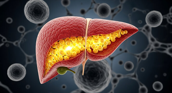 Illustration of a fatty liver disease, showing accumulation of fat globules within liver cells.