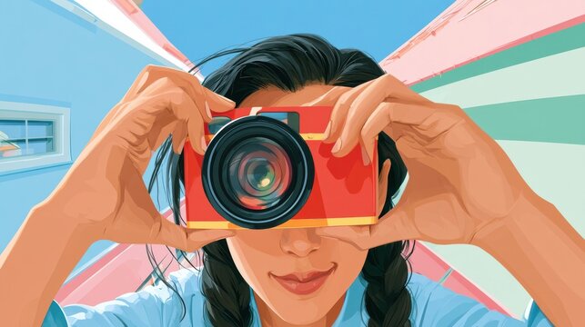 Young woman photographer with braided hair holding a bright red camera in a colorful close-up portrait