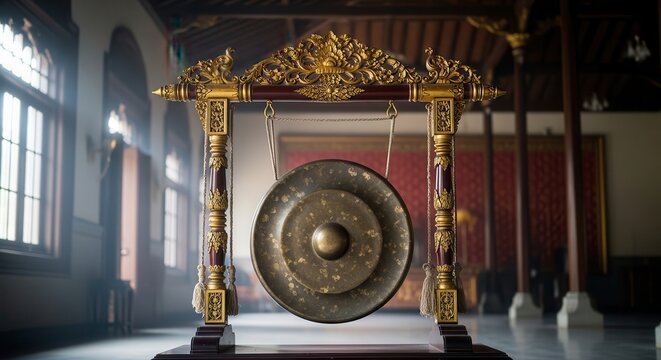 asian gong instrument, gold frame