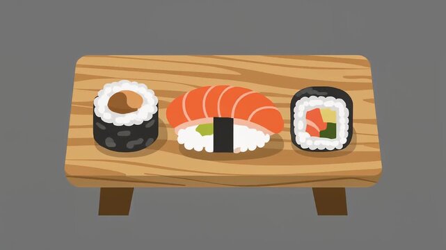 Sushi rolls on a wooden board. Flat vector illustration of salmon nigiri and maki.