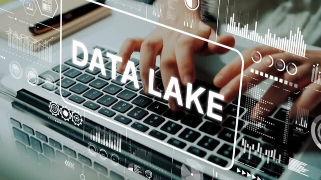 Modern Data Lake Concept with Hands on Keyboard and Digital Interface Visuals Representing Cloud Computing and Big Data Analytics. Asymptotic smart data analytic.