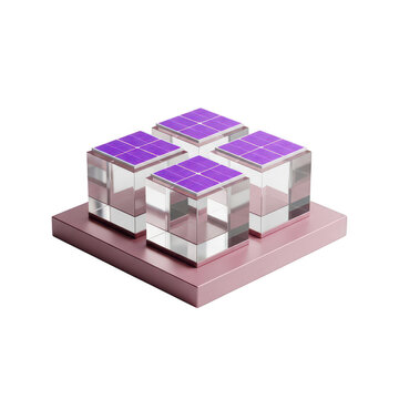 Four purple glass cubes arranged in a square shape on a flat matching base plate isolated on transparent background