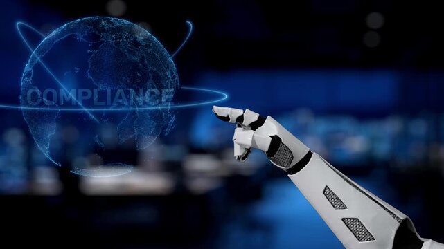 A futuristic robotic arm points at a digital globe, illustrating key concepts of compliance, including regulations and standards in a modern business environment. Synapse