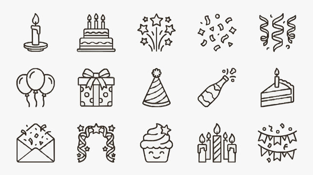 Industrial Style Black and White Line Icons Set Featuring Celebration Elements Like Candles Cakes Balloons Fireworks Party Hats Gifts Champagne Confetti Cupcakes