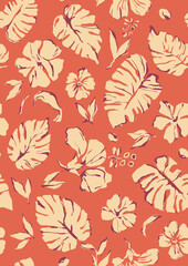 Fototapeta premium Cream Tropical Monstera Leaf and Hibiscus Seamless Pattern on Coral Orange Background