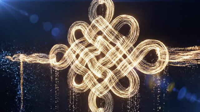 Golden glowing endless knot symbol made of light particles