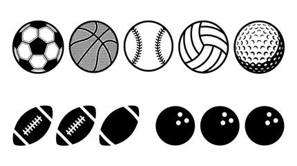 Obraz premium Eight sports ball icons in black‑and‑white silhouette style, representing diverse athletic equipment for design, education, and branding purposes.