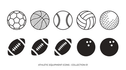 Fototapeta premium Ten sports ball icons in black‑and‑white silhouette style, representing diverse athletic equipment for design, education, and sports branding.