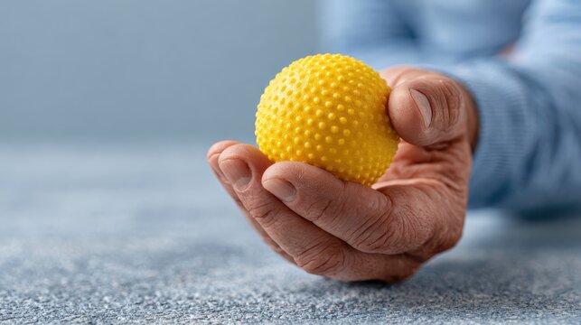 Person using an acupressure or trigger point therapy ball to relieve muscle tension and promote relaxation and healing in a wellness or fitness setting.