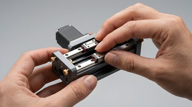 Close up of hands adjusting a miniature linear motion rail component.