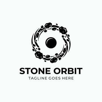 Abstract galactic logo showing rocks rotating around a planet or central point.