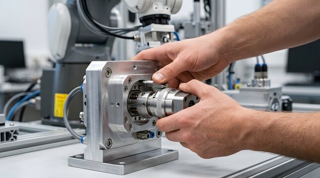 Engineer assembling precision mechanical components in an industrial robotics laboratory.