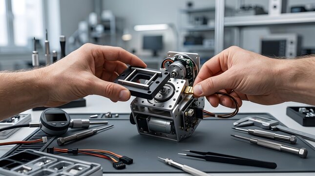 Technician hands repairing precision camera lens mechanism in specialized laboratory workshop.