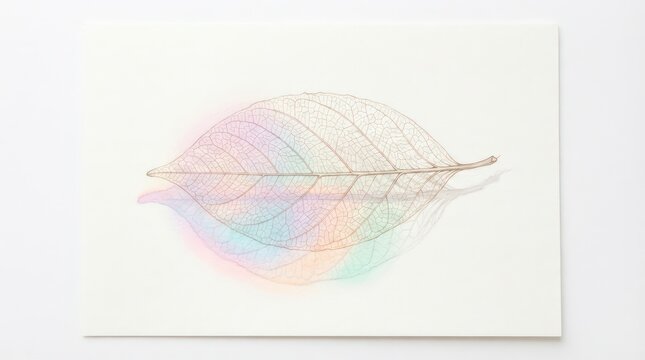 Delicate leaf skeleton with rainbow watercolor. Botanical art print with pastel colors.
