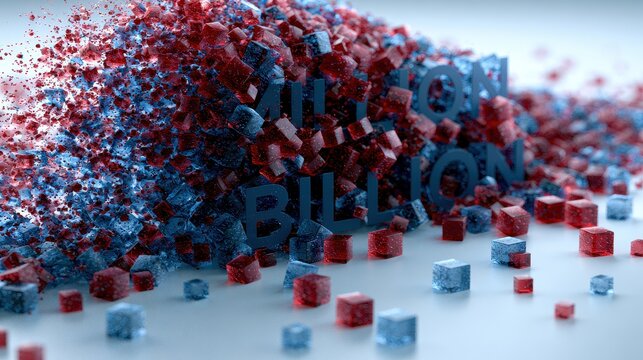 Billion text disintegrating into red and blue cubes. Concept for data fragmentation or massive financial loss.