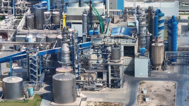 Industrial complex processing eucalyptus for cellulose and paper production. This pulp mill also functions as a bioenergy facility