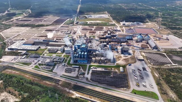 Large industrial complex featuring a pulp mill and bioenergy facility. Wood processing for cellulose production and renewable energy generation