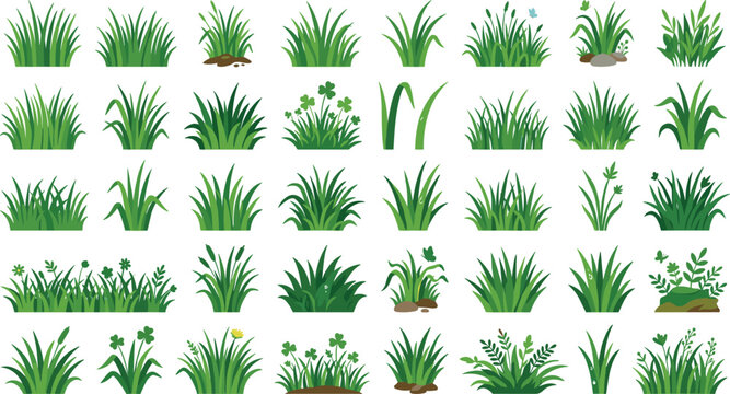 Green grass tufts collection vector set featuring cartoon spring lawn clumps garden weeds field clovers meadow borders and natural foliage vegetation patches