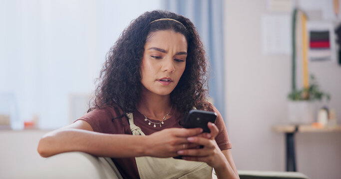 Home, serious and confused girl with phone for college results, test fail or scholarship rejection. Student, mobile or concern with university portal for critical exam feedback, funding risk or email