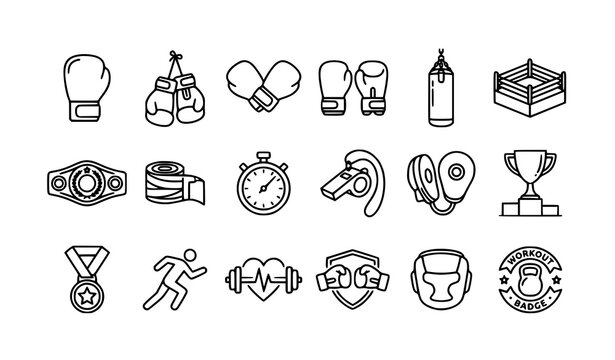 Boxing and fitness line icons set black and white vector illustration