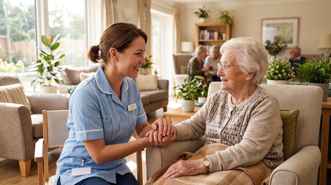 Smiling nurse holding hands of elderly woman in nursing home, senior care and healthcare concept, compassionate caregiver supporting aged patient, assisted living facility inter...