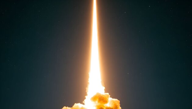 Powerful rocket launch illuminating night sky with intense flame trail and smoke