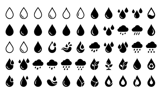 Water drop and rain cloud icon set black and white vector graphics