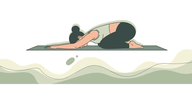 Woman doing childs pose on yoga mat with abstract waves
