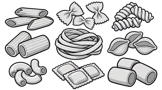Vector illustration of assorted dry pasta shapes, including penne and macaroni, isolated on white background