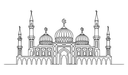 Elegant one line drawing of a mosque with minarets and domes © Nurnobi