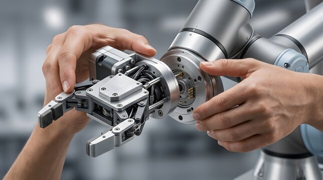Engineer adjusting a robotic gripper hand on a collaborative robot arm.
