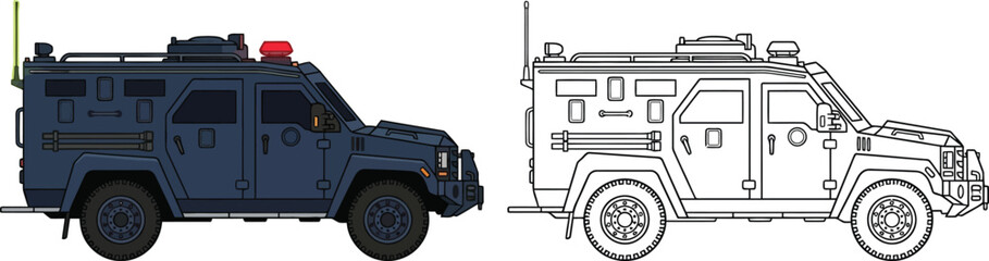 Armored police vehicle and its line art illustration tactical transport for law enforcement isolated on white background © Naveed