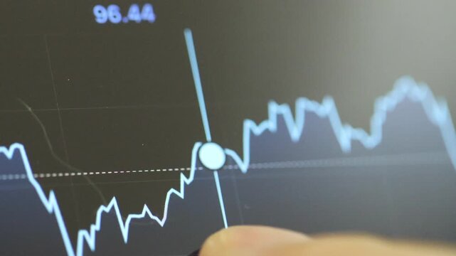 Horizontal 4K alternate close up video of a hand interacting with a red line stock chart on a digital display, turning the selected segment blueMy Movie