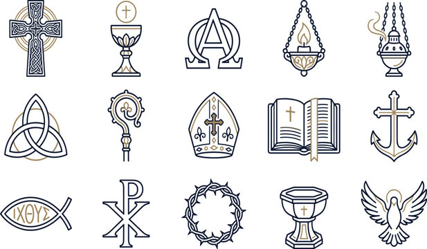 Christian religious symbols and church liturgy thin line vector icons collection set on white background