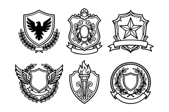 set of black and white coat of arms crest emblems vector illustration featuring shields heraldry eagle star torch and wings.