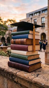 Graduation Stack: A graduation cap rests atop a stack of vintage books, set against the backdrop of a historic university building during a golden hour sunset.