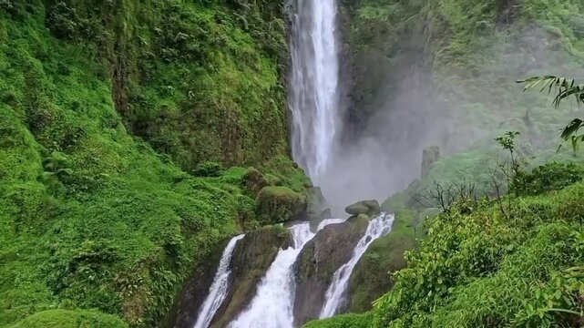 High vertical cascade of Curug Citambur waterfall surrounded by lush green foliage and mossy rock cliffs in Cianjur West Java Indonesia