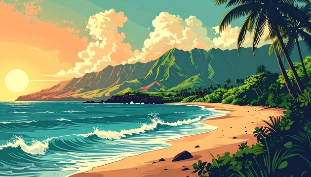 A vibrant seaside scene depicts a warm sunset, with waves rolling onto a sandy beach, lush greenery, and mountainous backdrop