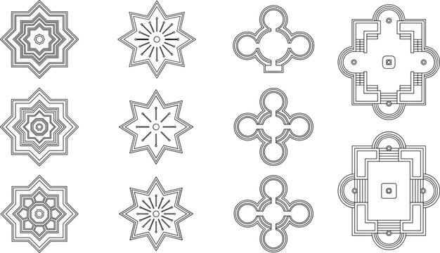 Collection of top view architectural floor plan design elements featuring geometric shapes, stars, and decorative fountains in black and white line art