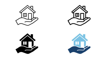 Four hand-held house icons in different colors symbolizing home protection, real estate, and housing services © Sultan Desain