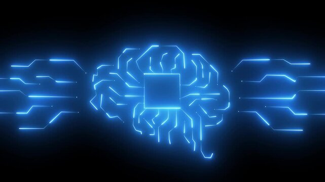 Glowing digital brain network motion graphic with green circuit lines, concept of cloud computing, machine learning, and data processing