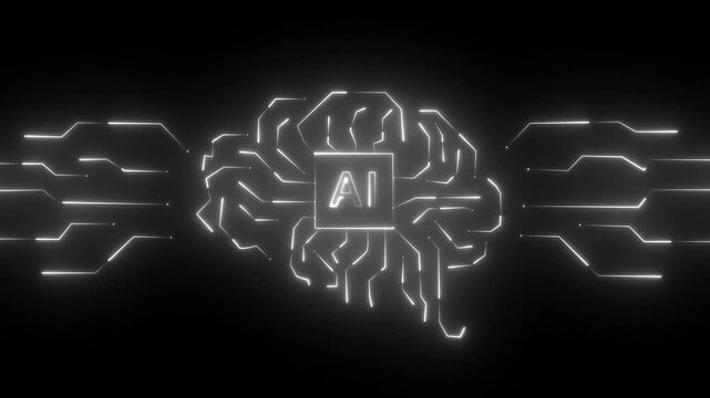 Glowing digital brain network motion graphic with green circuit lines, concept of cloud computing, machine learning, and data processing