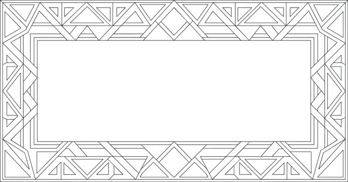 Rectangular geometric line art frame border with abstract black and white triangle and diamond patterns for graphic design