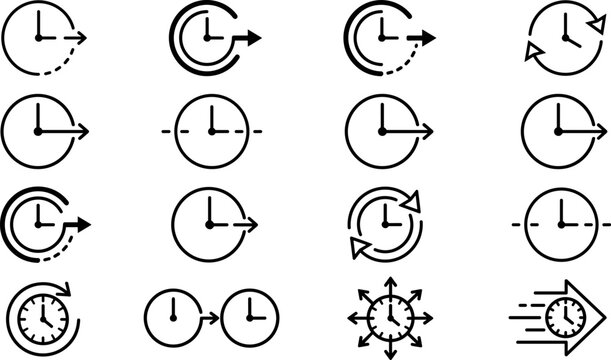Set of sixteen black and white clock icons illustrating time, speed, rotation, synchronization, and progress concepts for design use