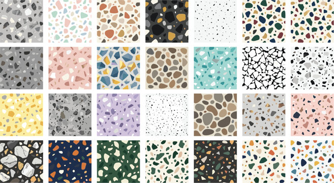 Modern colorful terrazzo seamless pattern swatches collection vector set featuring abstract marble textures granite stone fragments and Venetian mosaic tile backgrounds