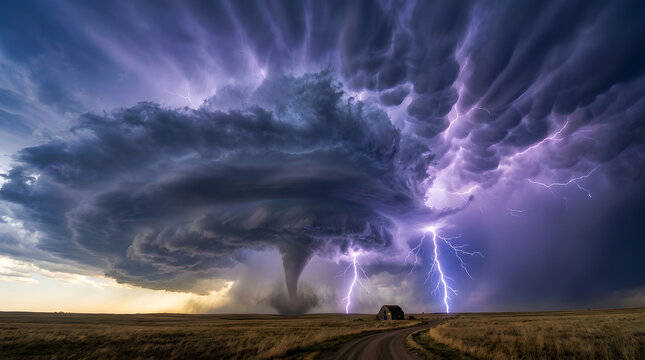 Epic Supercell Storm with Tornado and Lightning over Rural Barn