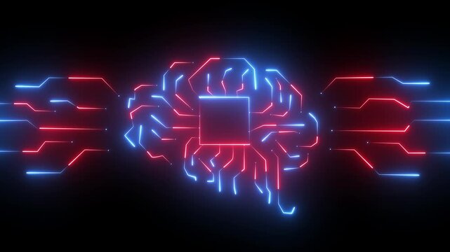 Glowing digital brain network motion graphic with green circuit lines, concept of cloud computing, machine learning, and data processing