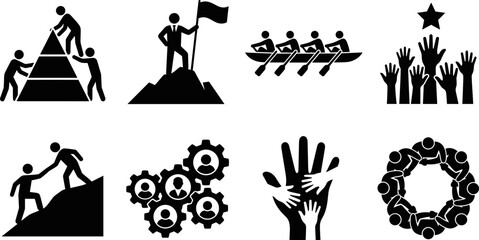 Fototapeta premium Set of teamwork, leadership, and success icons featuring achievement, group cooperation, corporate hierarchy, and community support symbols for business design