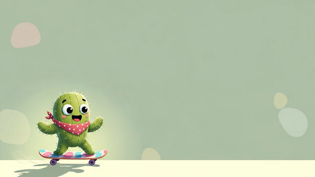 Cartoon cactus character riding a skateboard with a red bandana around its neck in a fun playful scene.